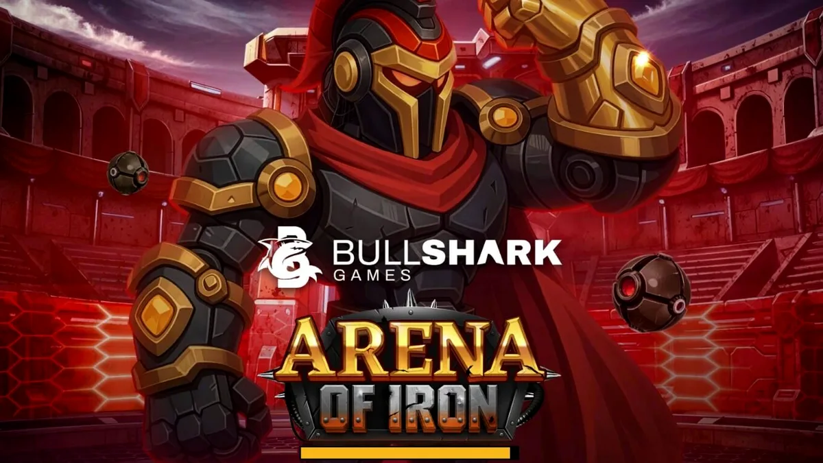 Tampilan antarmuka seluler slot Arena of Iron dengan latar belakang arena futuristik