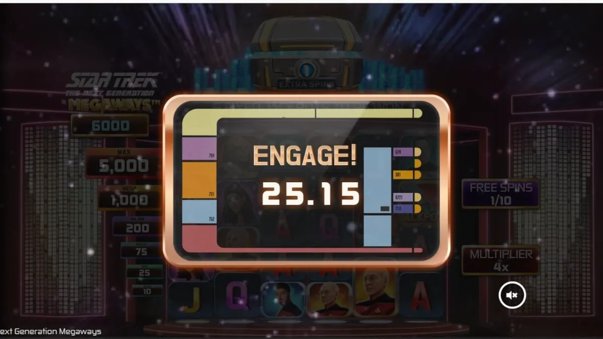 Tampilan antarmuka permainan slot Star Trek: The Next Generation Megaways dengan latar belakang ruang angkasa