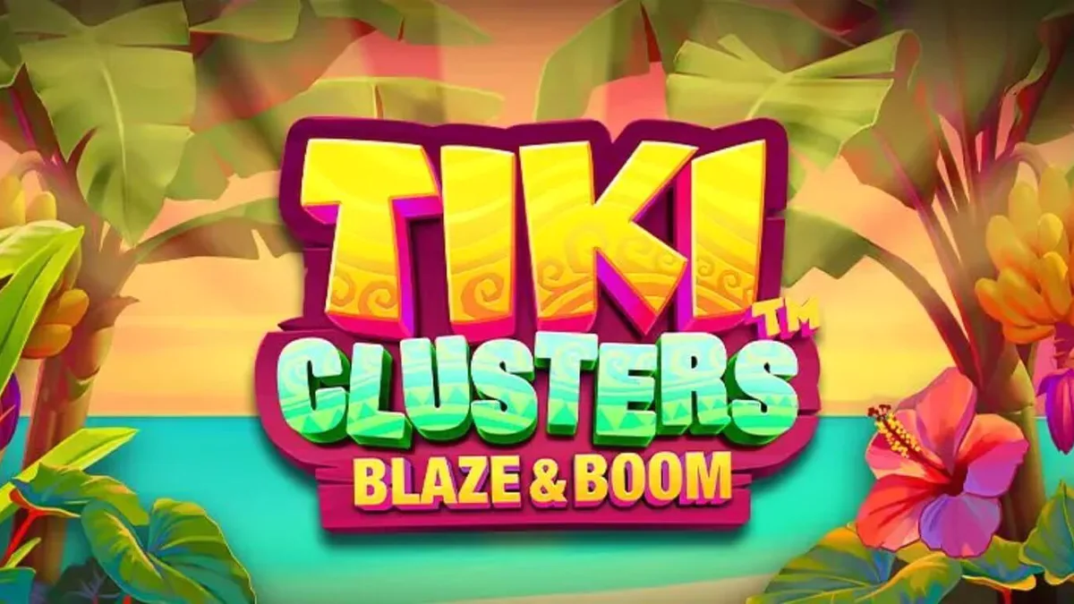 Tampilan visual slot Tiki Clusters Blaze & Boom dengan latar belakang pulau tropis dan simbol Tiki yang berwarna-warni.